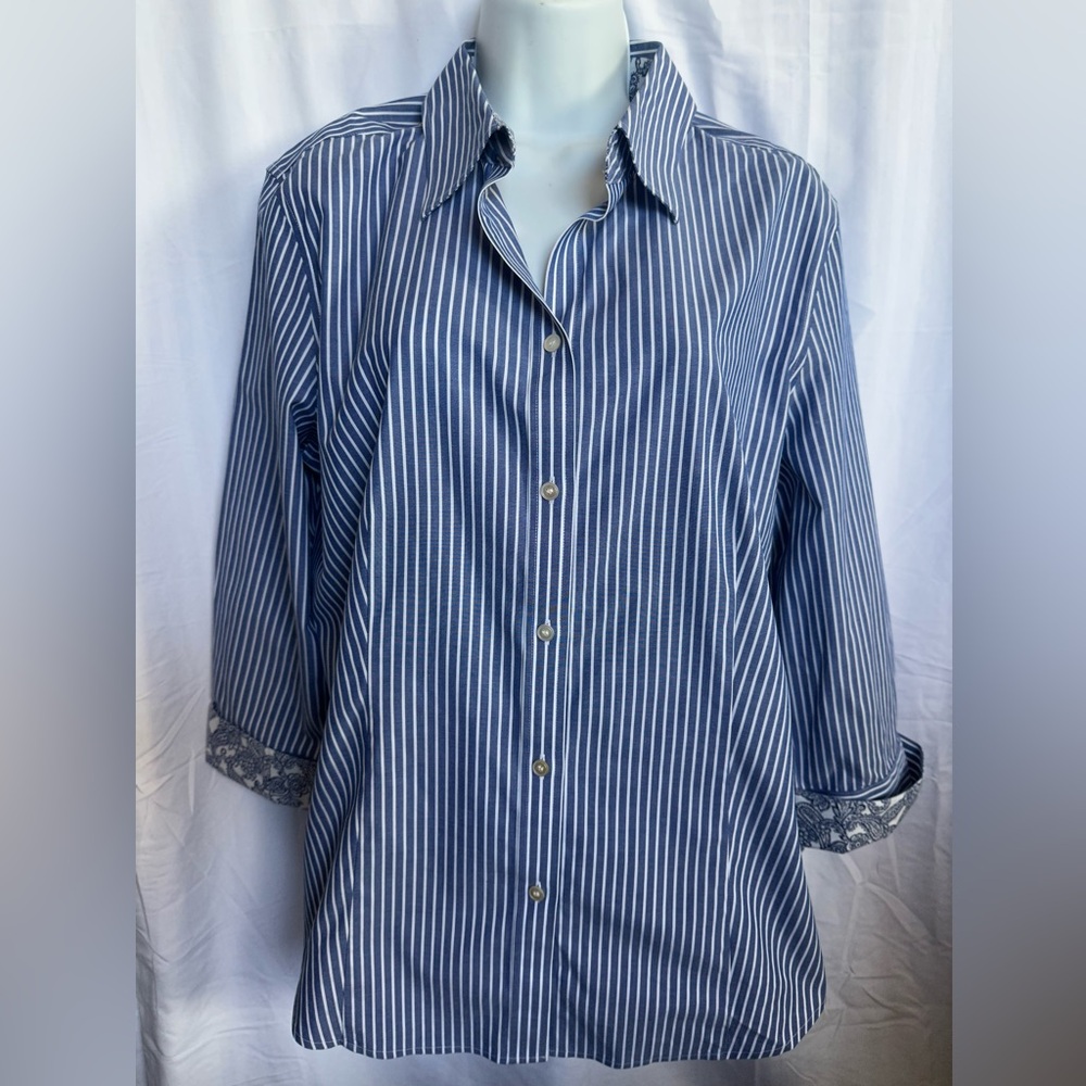 Talbots Navy and White Vertical Stripe Button-Down Shirt